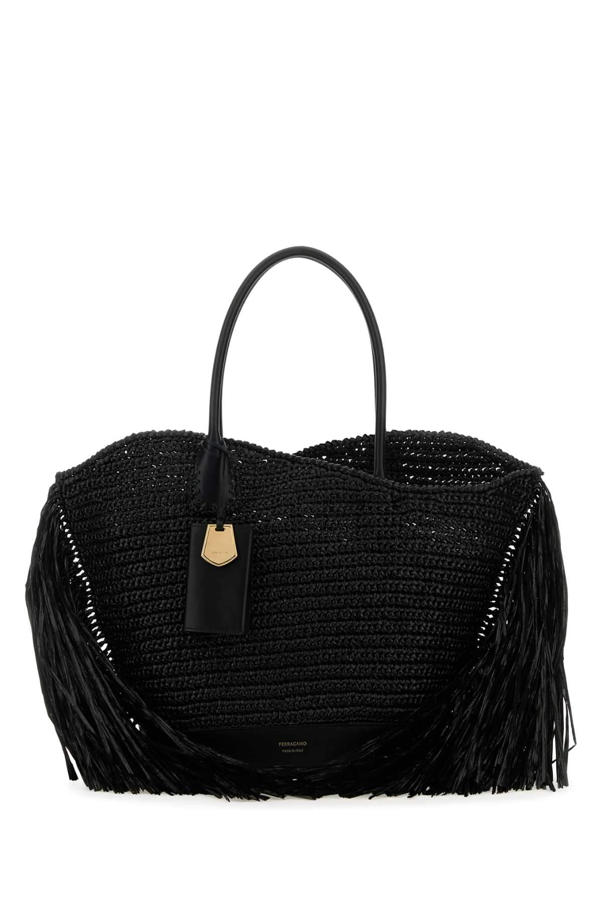 Salvatore Ferragamo Women Black Raffia And Leather Big Shopping Bag