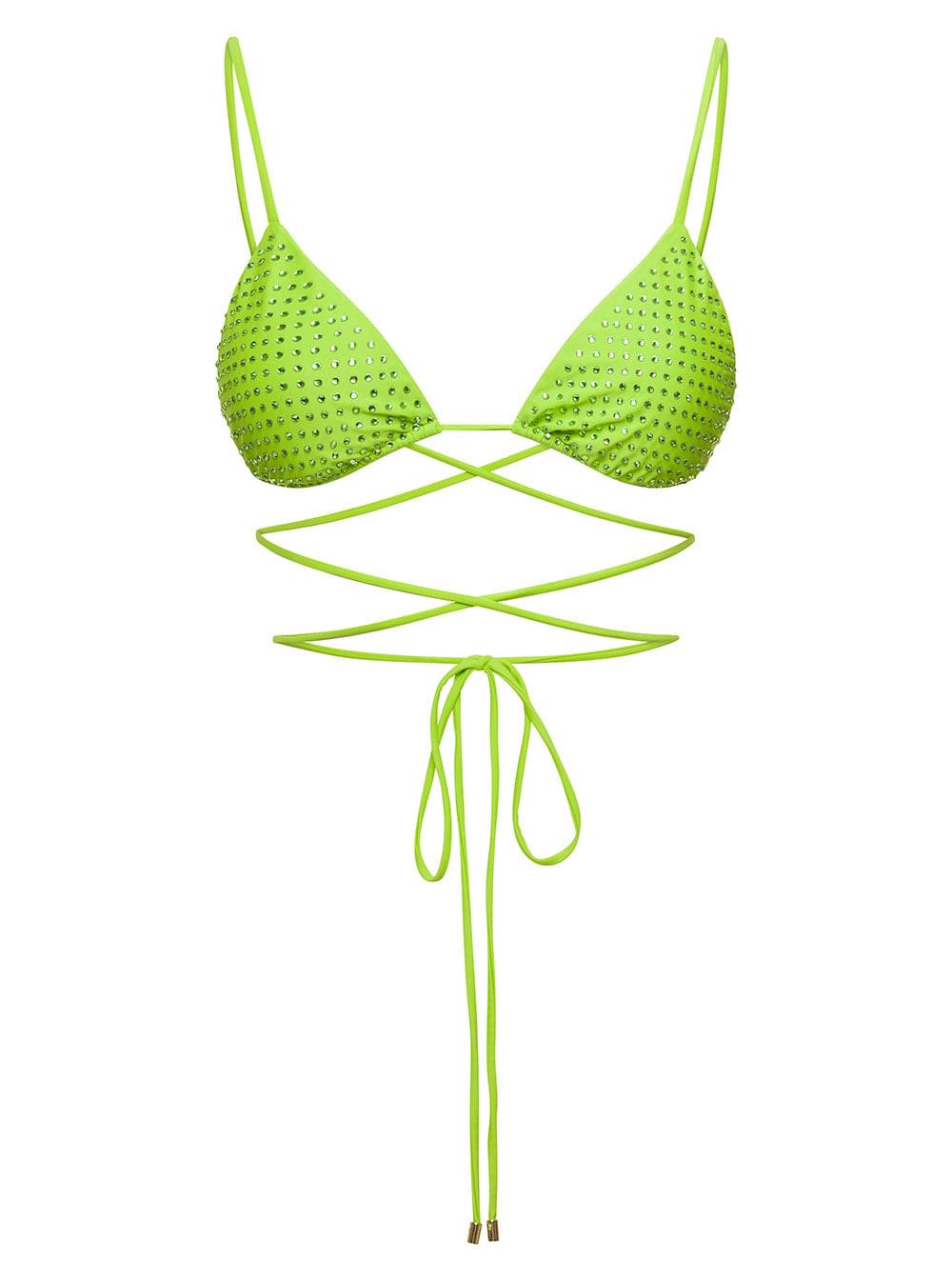 Self-Portrait Women Bikini Top With All-Over Crystal Embellishment In Green Polyamide Woman
