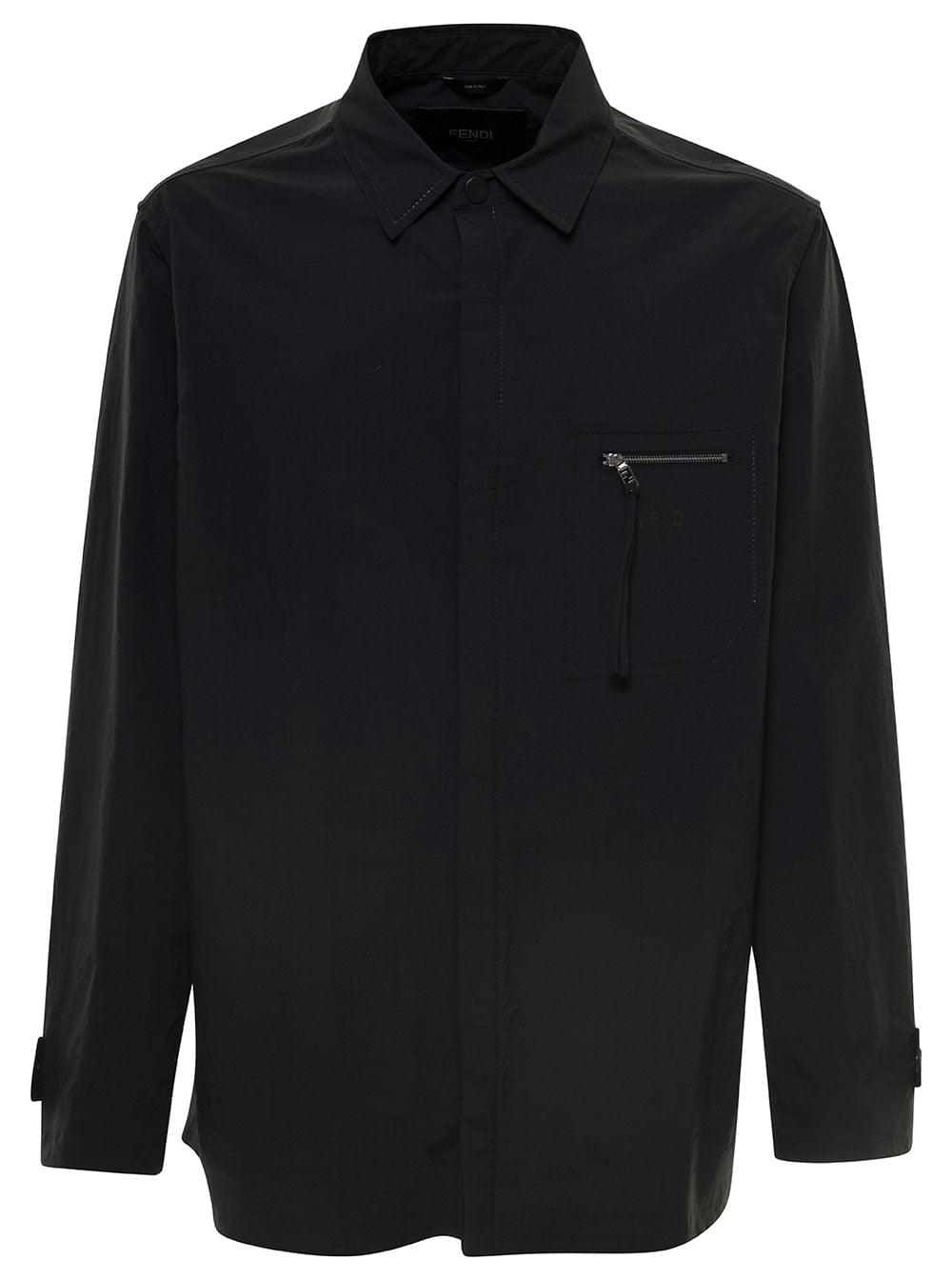 Fendi Men Blue Jacket With Patch Zipped Pocket And Logo In Nylon Man