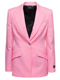 Versace Women Pink Single-Breasted Jacket With All-Over Tonal Logo Lettering Print In Wool Woman