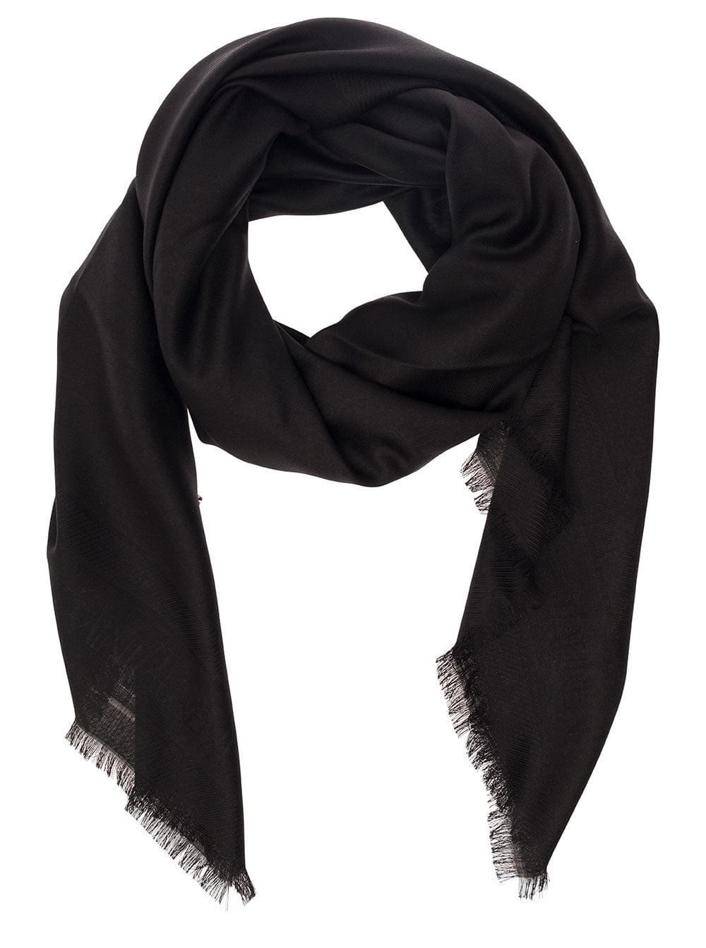 Saint Laurent Men Black Scarf With Jacquard Logo And Fringed Hem In Wool And Silk Man