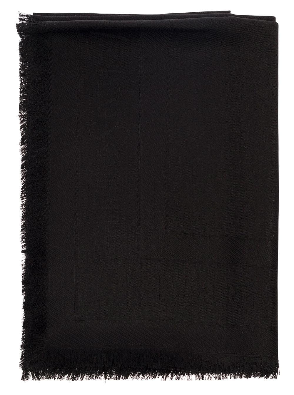 Saint Laurent Men Black Scarf With Jacquard Logo And Fringed Hem In Wool And Silk Man