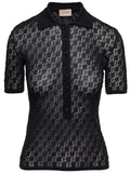Gucci Women Black Polo Shirt With Button Closure And Gg Motif In Cotton And Silk Blend Woman