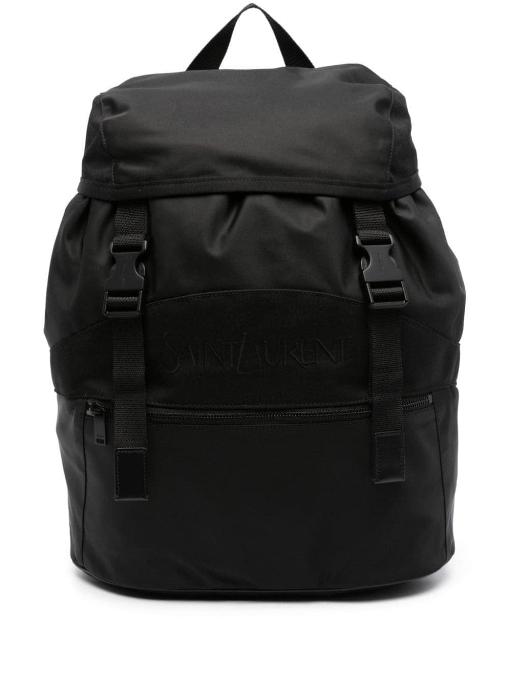 Saint Laurent Men Black Backpack With Tonal Logo Lettering Embroidery In Recycled Nylon Man