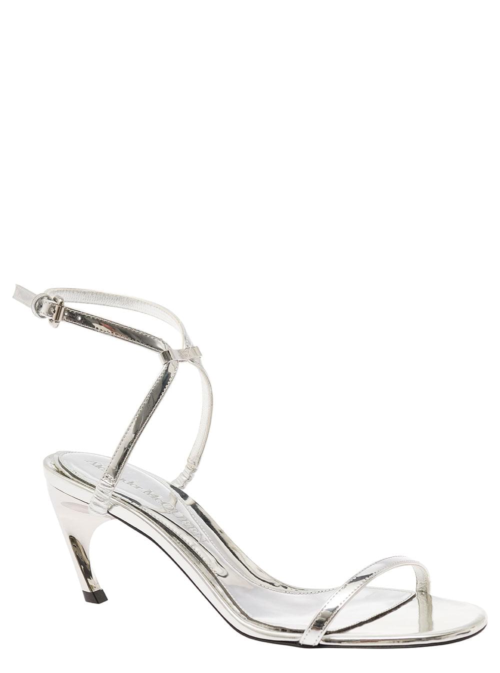 Alexander Mcqueen Women Silver Sandals With Armadillo Heel In Metallic Leather Woman