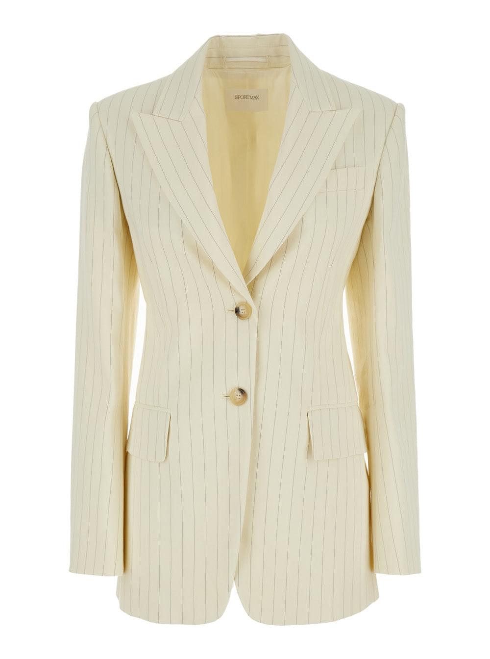 Sportmax Women Cream White Aversa Single-Breasted Striped Blazer In Ramie Woman