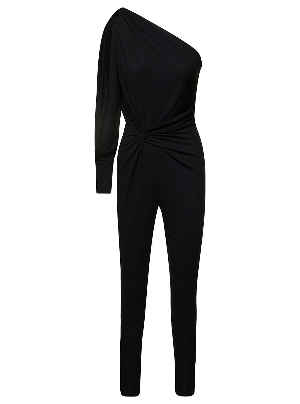 Saint Laurent Women Black One-Shoulder Jumpsuit With Side Gathering In Jersey Woman