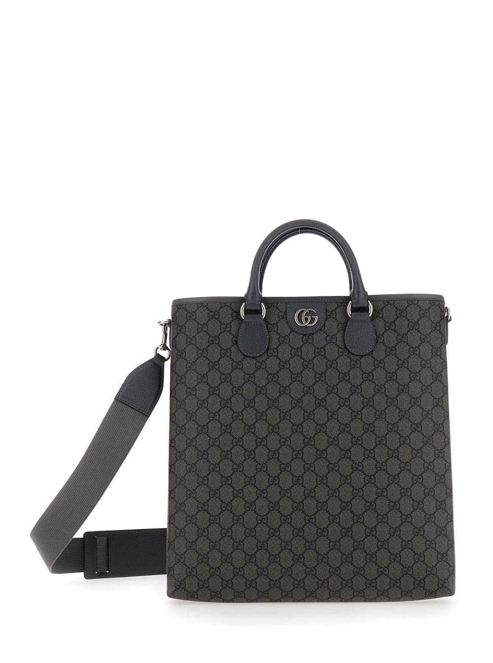 Gucci Men 'Ophidia Gg Media' Black And Grey Tote Bag In Gg Supreme Canvas Man