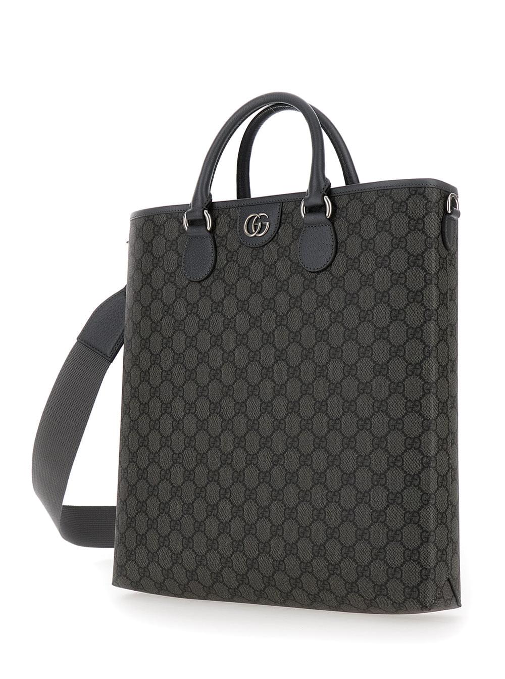 Gucci Men 'Ophidia Gg Media' Black And Grey Tote Bag In Gg Supreme Canvas Man