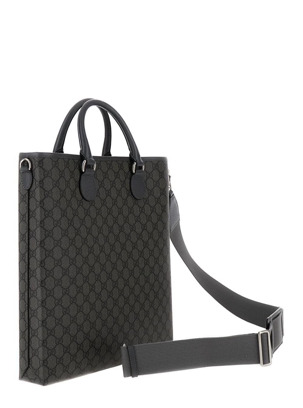 Gucci Men 'Ophidia Gg Media' Black And Grey Tote Bag In Gg Supreme Canvas Man