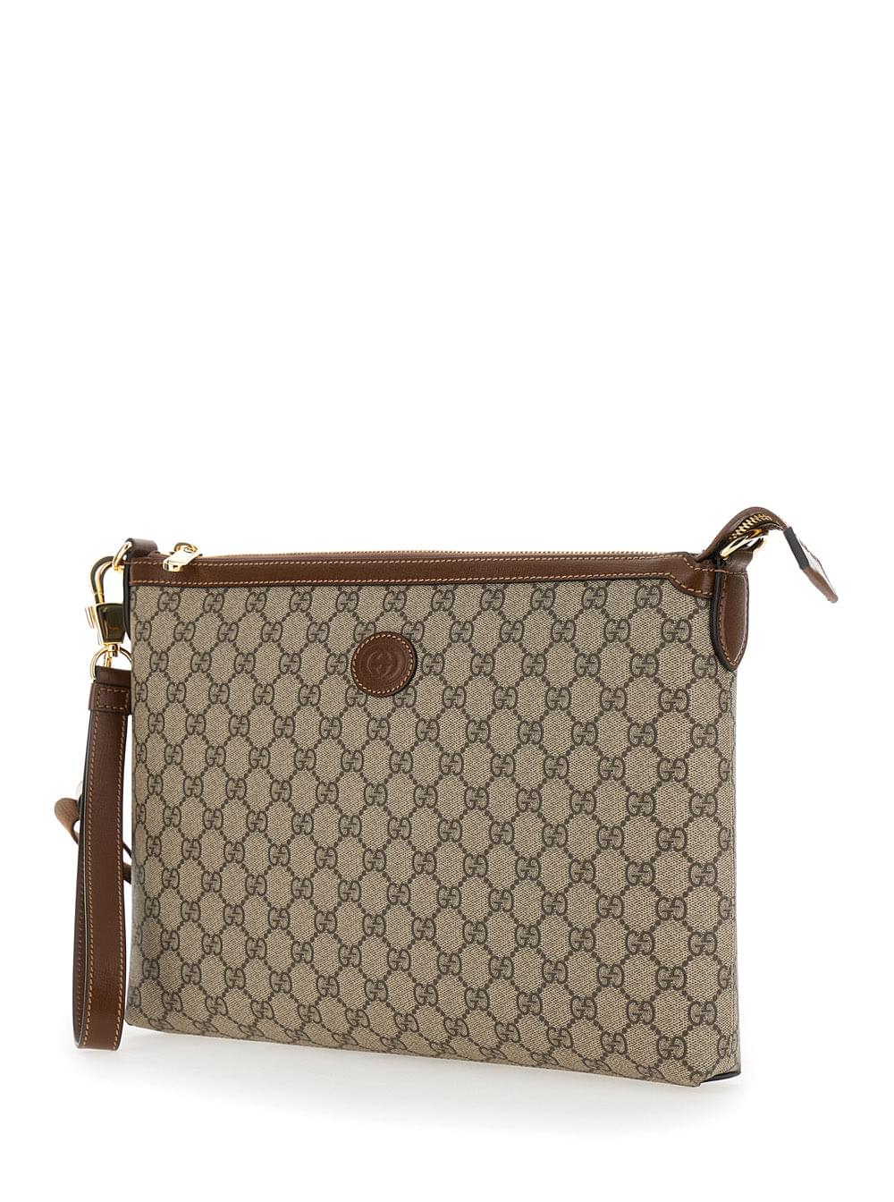 Gucci Men Beige And Ebony Pouch With Gg Patch In Gg Supreme Canvas Man