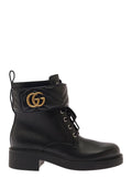 Gucci Women Black Ankle Boot With Double 'G' And Textured Hardware In Leather Woman