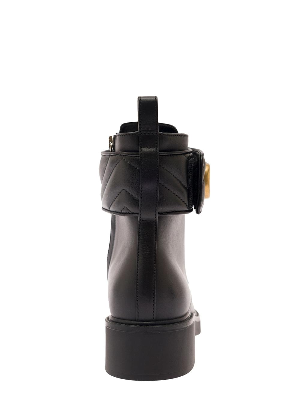 Gucci Women Black Ankle Boot With Double 'G' And Textured Hardware In Leather Woman