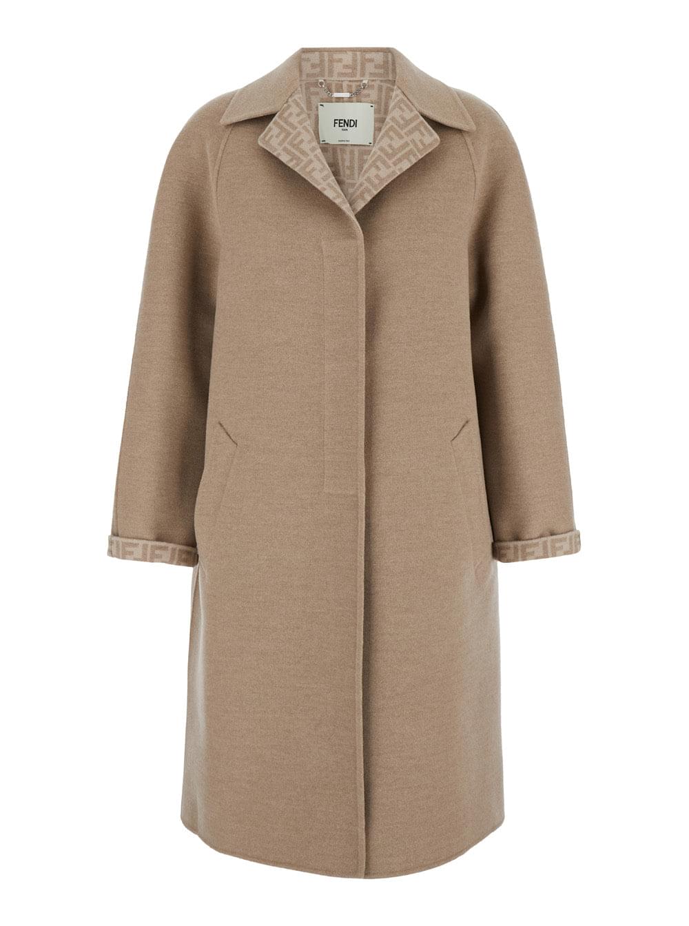 Fendi Women Beige Single-Breasted Reversible Coat In Wool Blend Woman