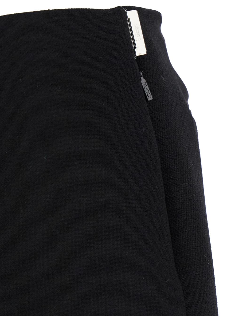 Gucci Women Black High Waist Skirt With Logo Lettering On Waist And Zip Puller In Wool Woman