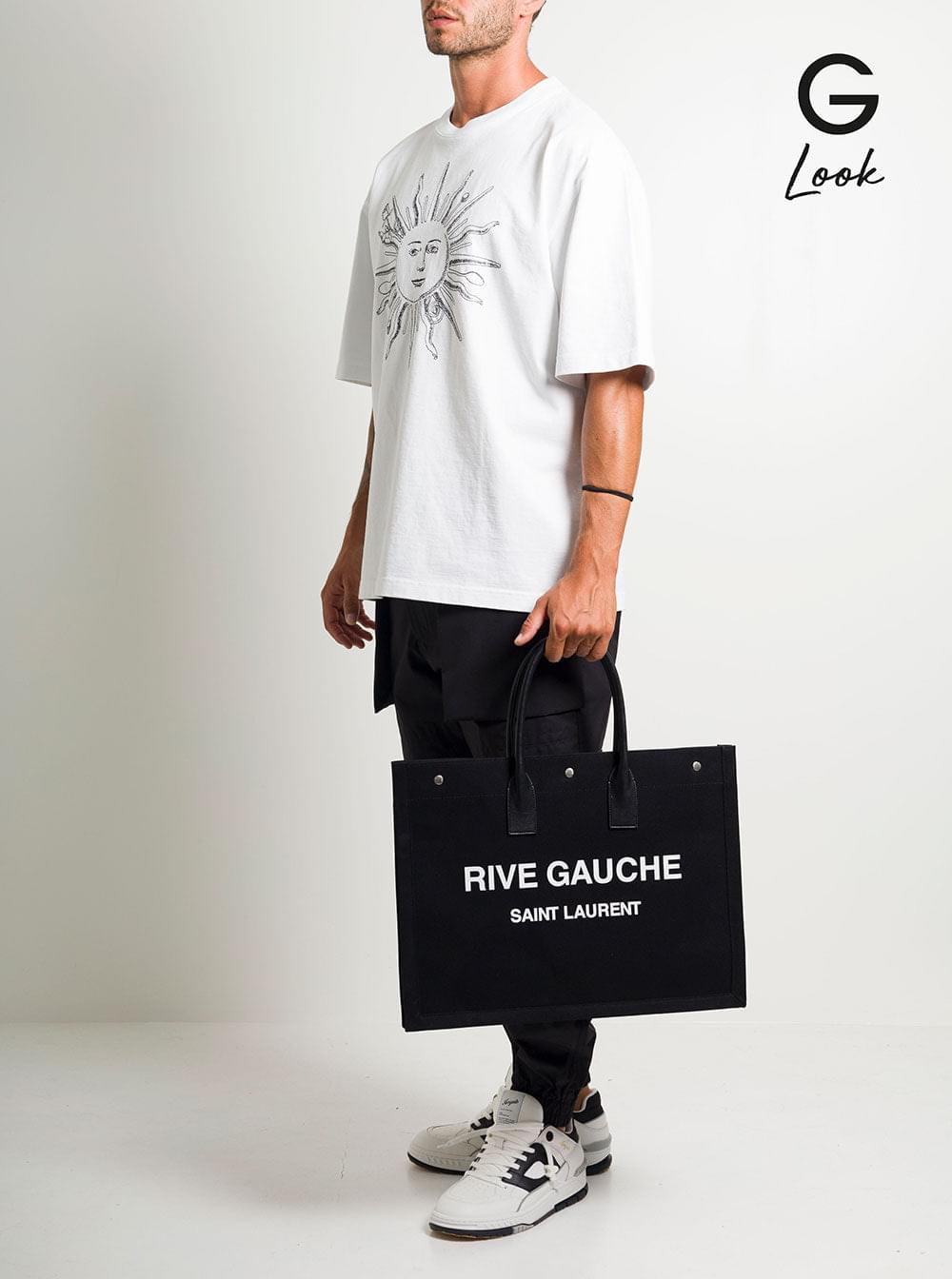 Saint Laurent Men 'Big Rive Gauche' Black Tote Bag With Contrasting Logo Print In Cotton Man
