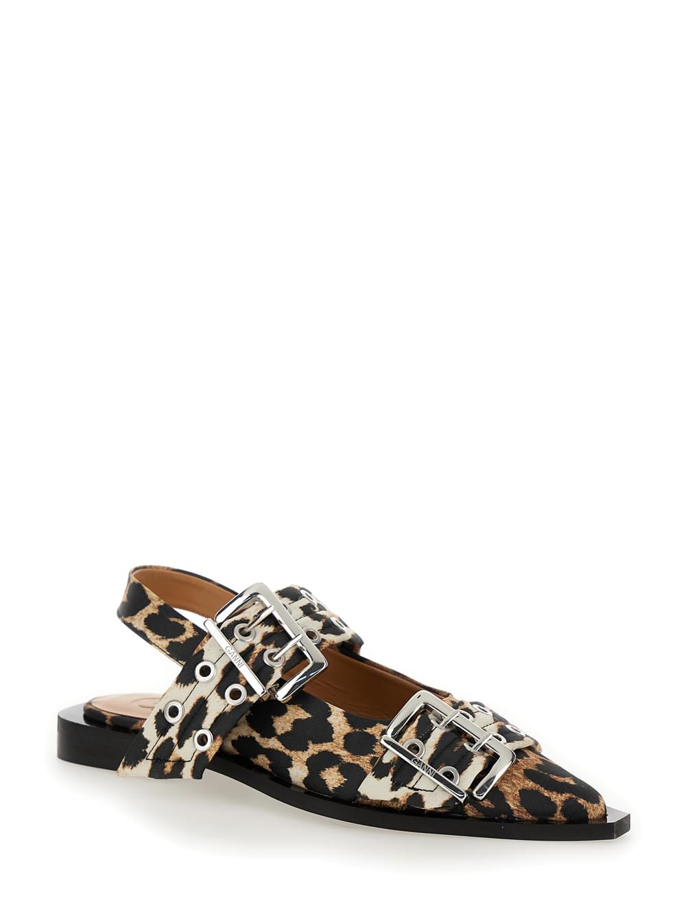 Ganni Women Multicolor Ballet Shoes With Double Buckle And All-Over Leopard Print In Tech Fabric Woman