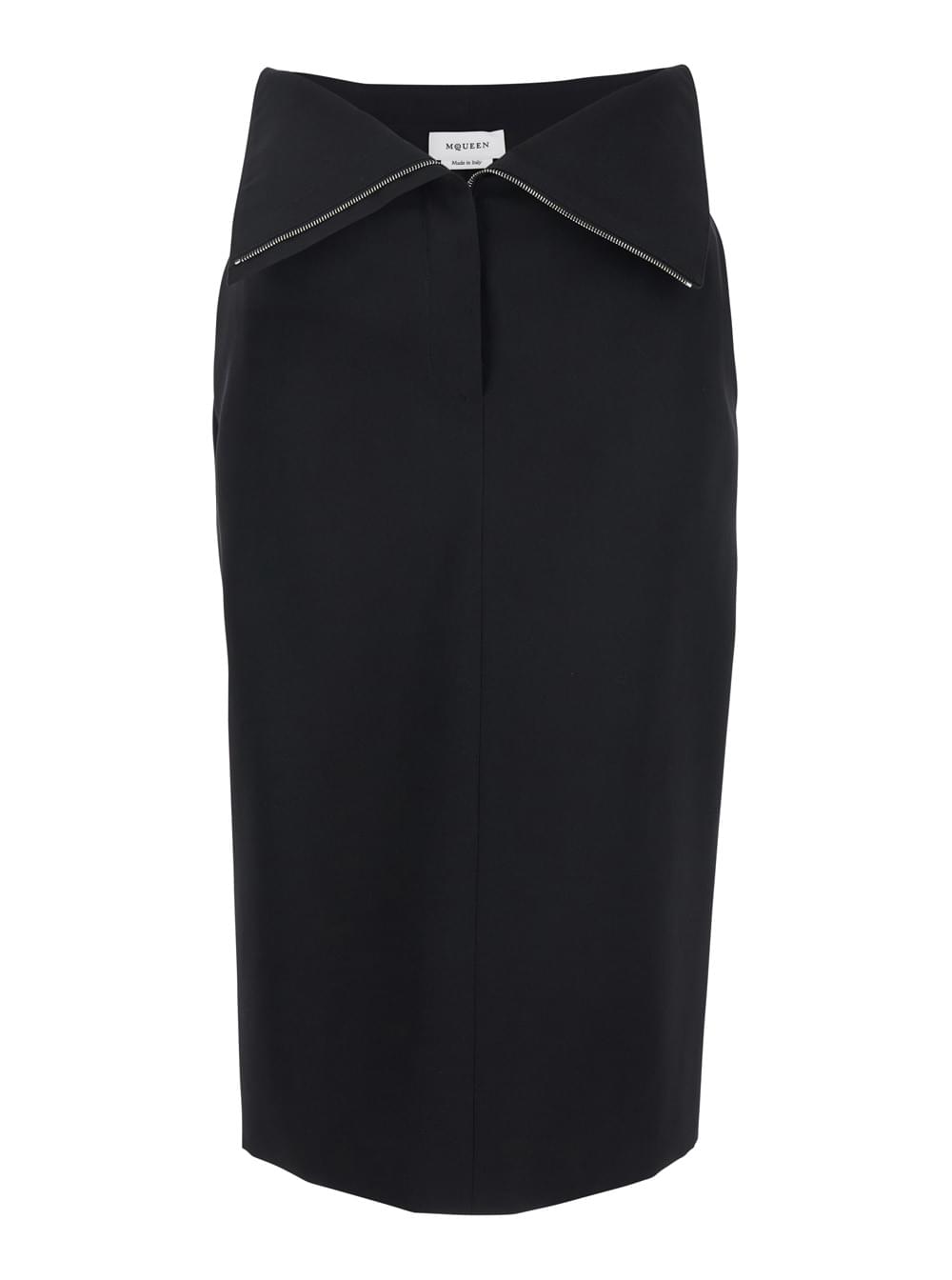 Alexander Mcqueen Women Black Skirt With Foldover Waist And Rear Single Slit In Wool Woman