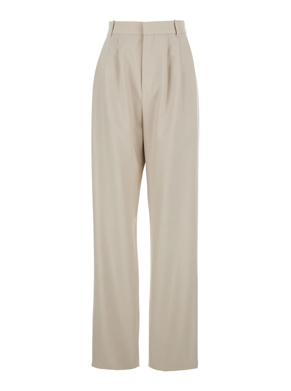Saint Laurent Women Beige Pants With Belt Loops And Pences On The Front In Wool Woman