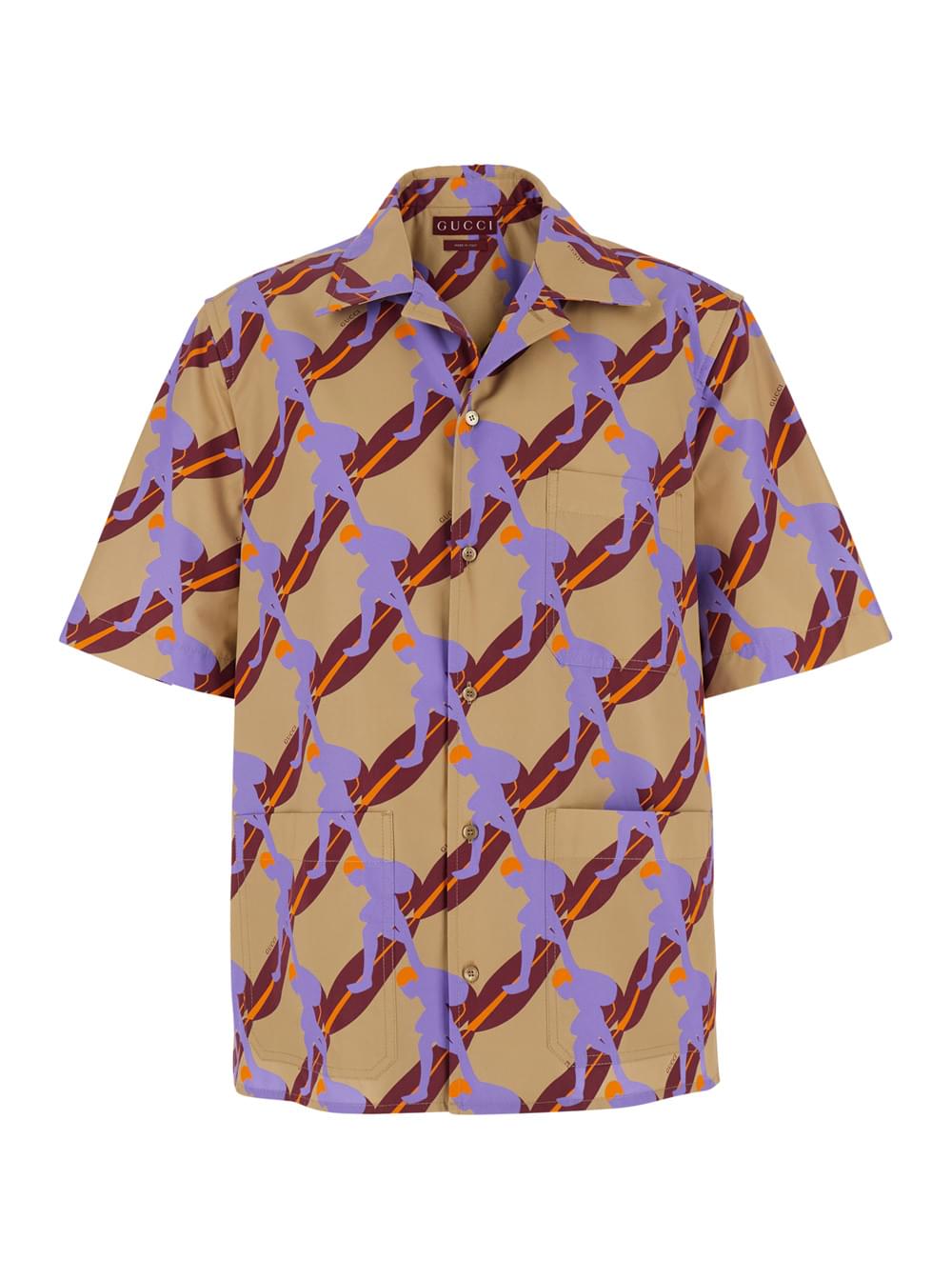Gucci Men Multicolor Bowling Shirt With Cuban Collar And All-Over Print In Cotton Man
