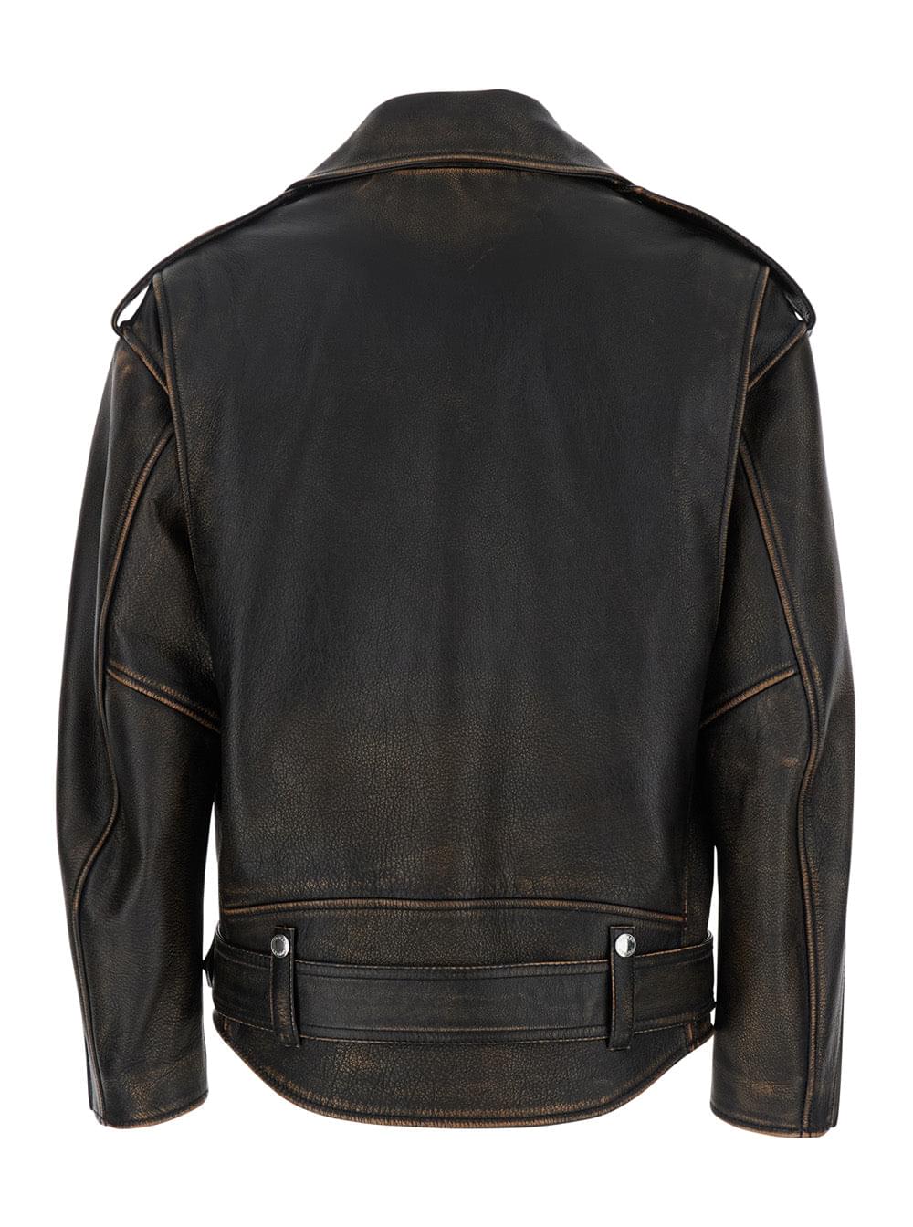 Alexander Mcqueen Women Antiqued Brown Biker Jacket With Wide Classic Lapels And Decentralized Zip Closure In Leather Woman