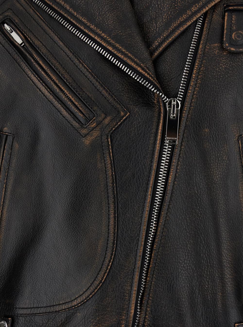 Alexander Mcqueen Women Antiqued Brown Biker Jacket With Wide Classic Lapels And Decentralized Zip Closure In Leather Woman