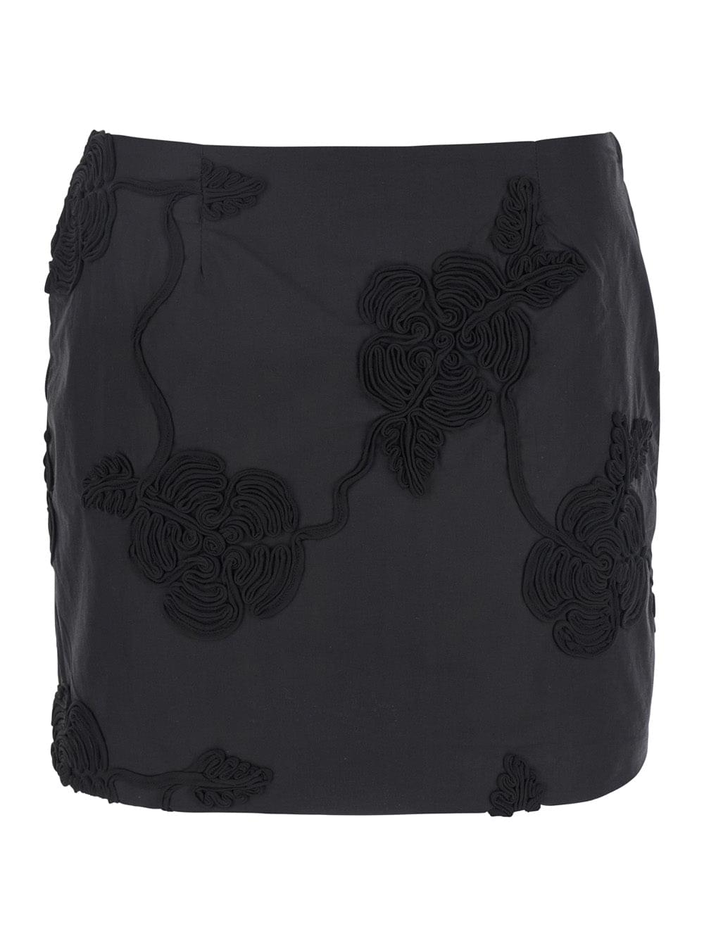 Rotate Women Black Mini Skirt With 3D Floral Details Applied All-Over In Cotton Woman