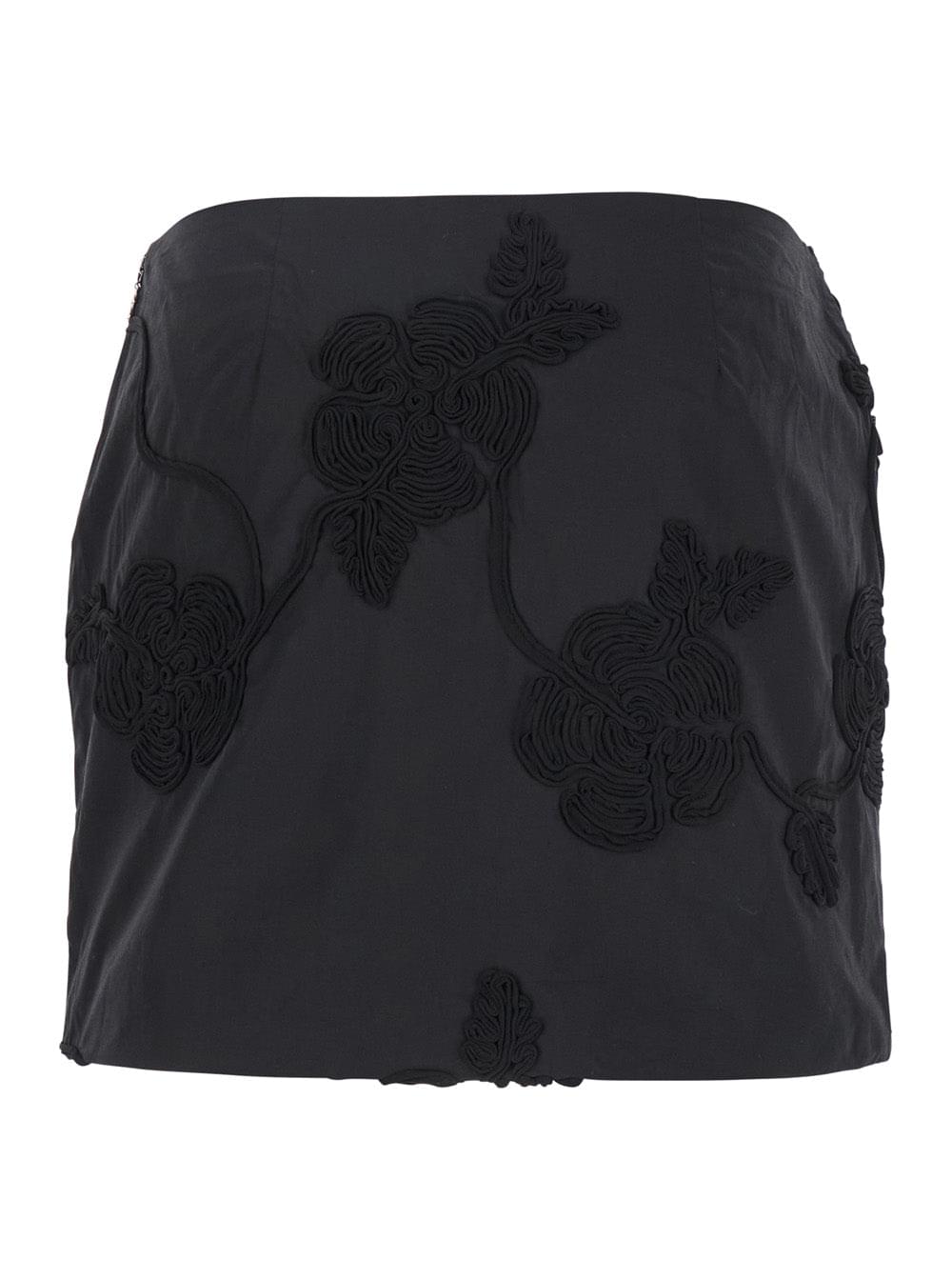 Rotate Women Black Mini Skirt With 3D Floral Details Applied All-Over In Cotton Woman