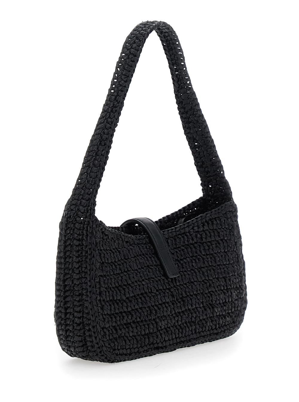 Saint Laurent Women 'Le 5 A 7' Black Mini Shoulder Bag With Single Shoulder Strap And Cassandre Plaque On The Front In Rafia Woman
