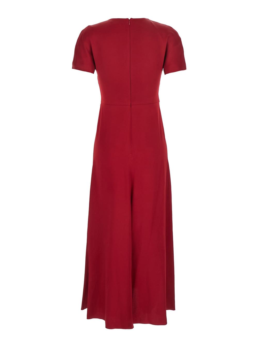 Victoria Beckham Women Red Crewneck Midi Dress With Gathered Waist And Rear Zip Closure In Viscose Blend Woman