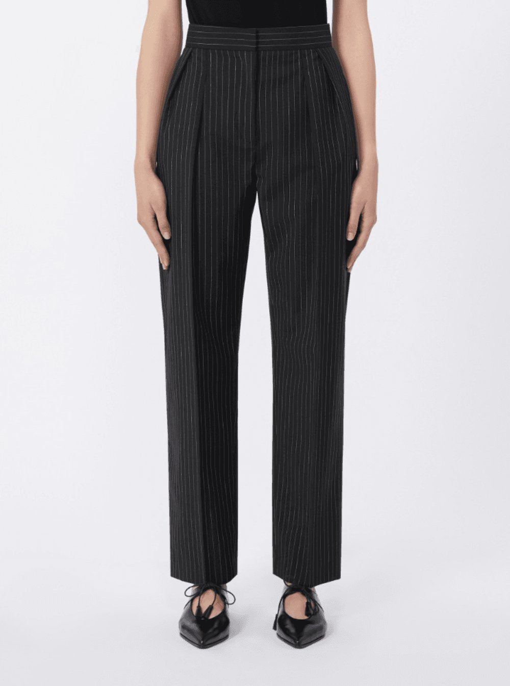 Max Mara Women 'Sesamo' Black Pants With Front Concealed Closure And All-Over Striped Motif In Wool Woman