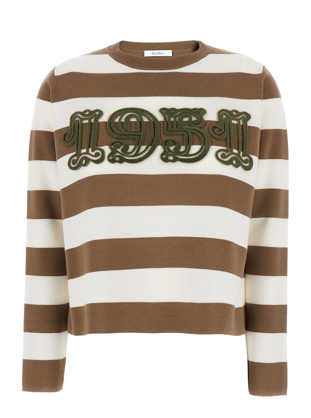 Max Mara Women 'Viterbo' Beige Crewneck Sweater With Embroidery On The Front And All-Over Striped Motif In Wool Woman