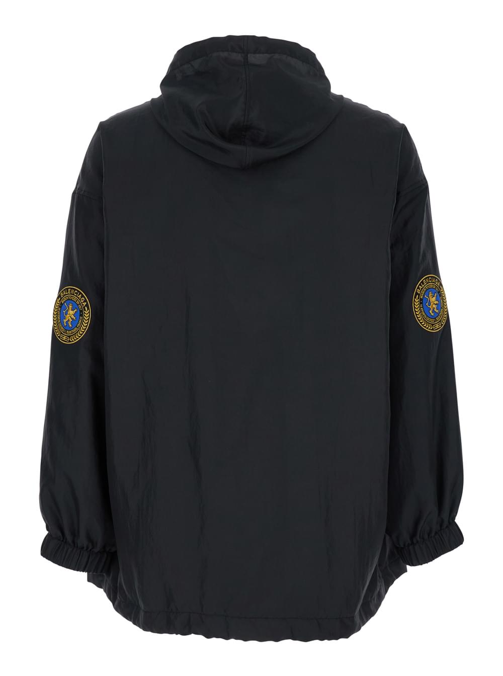 Balenciaga Men Black Jacket With Logo Lettering On The Front And Logo Patch On The Elbow In Tech Fabric Man
