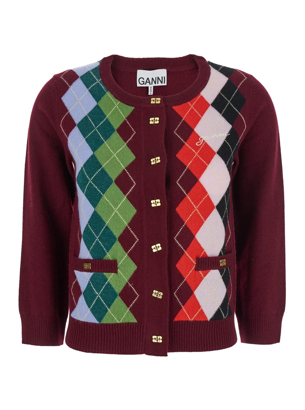 Ganni Women Multicolor Crewneck Cardigan With Jewel Buttons And Gemetric Motif On The Front In Wool And Cashmere Woman
