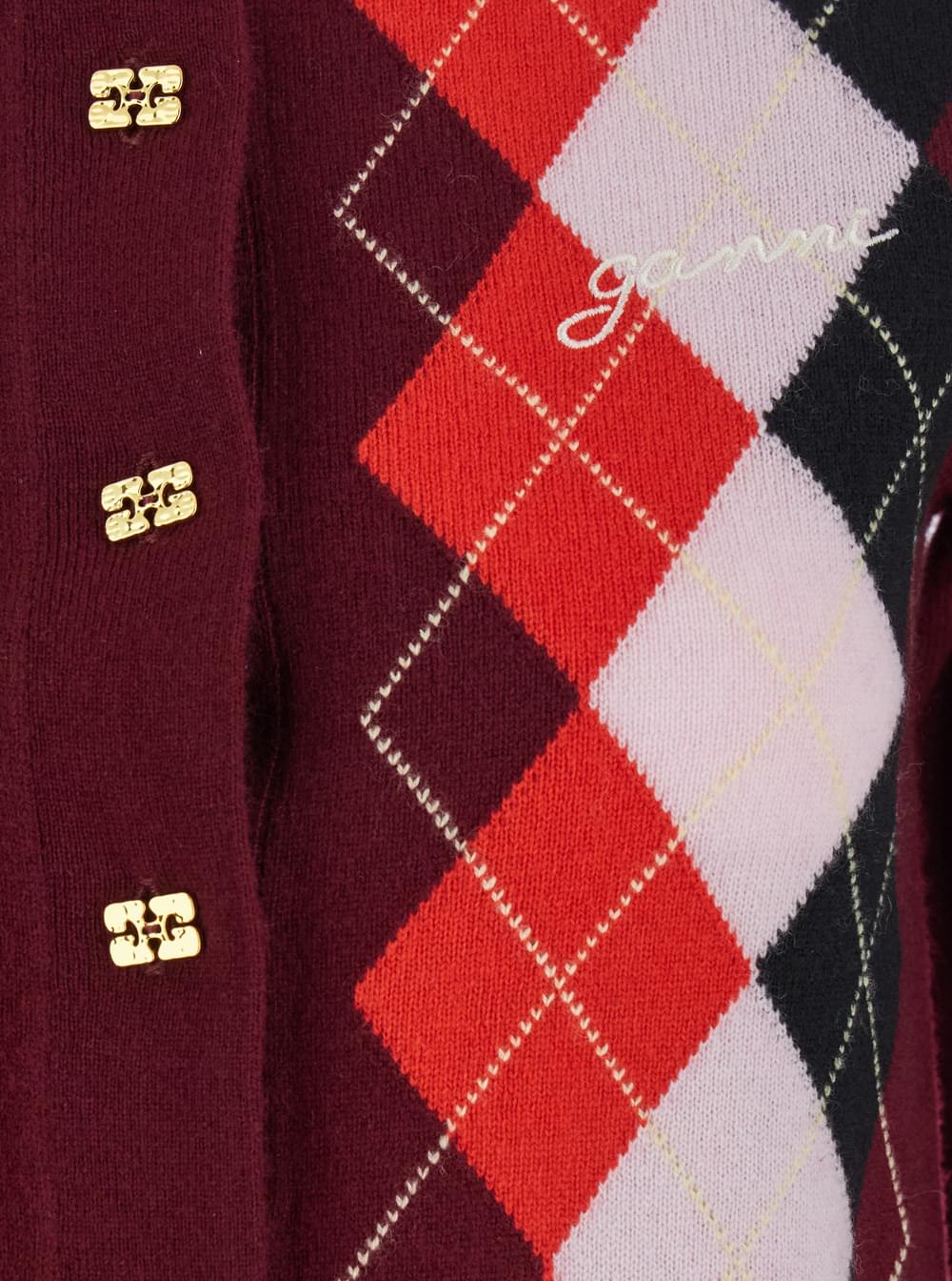 Ganni Women Multicolor Crewneck Cardigan With Jewel Buttons And Gemetric Motif On The Front In Wool And Cashmere Woman