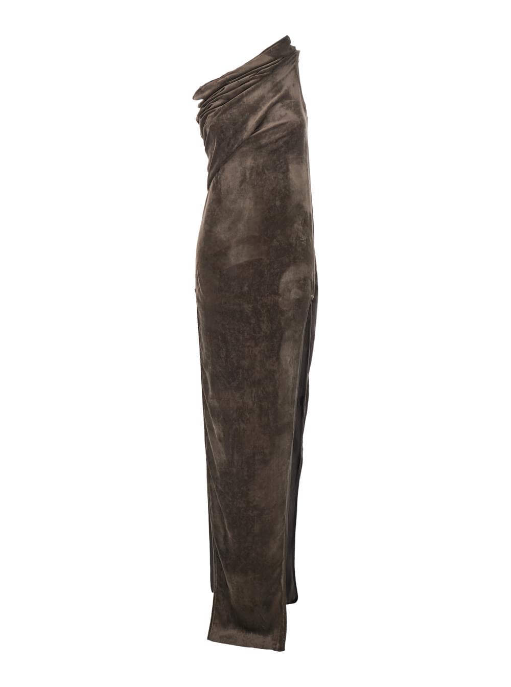 Rick Owens Women 'Athena Arrowhead' Brown Asymmetric Long Dress With Ruched Neckline And Side Single Slit In Viscose Blend Woman