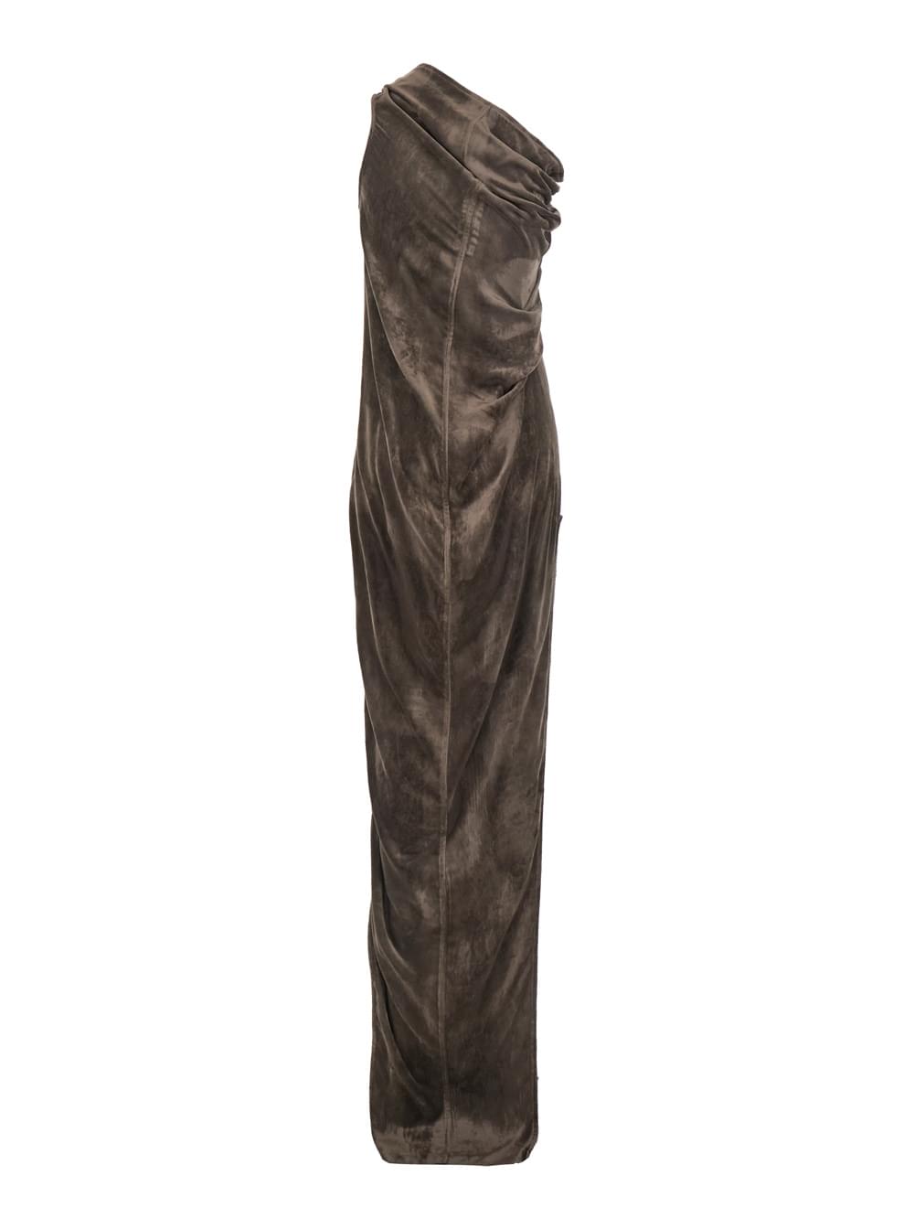 Rick Owens Women 'Athena Arrowhead' Brown Asymmetric Long Dress With Ruched Neckline And Side Single Slit In Viscose Blend Woman