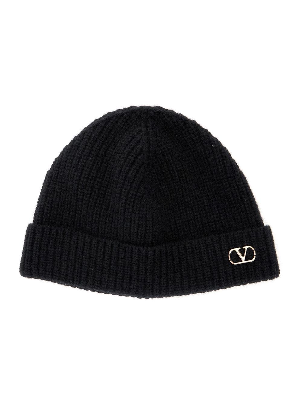 Valentino Garavani Men Black Knit Beanie With Vlogo On The Front In Cashmere Man