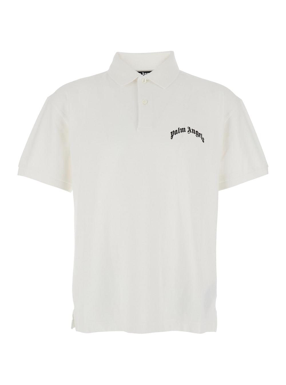 Palm Angels Men White Polo Shirt With Logo Lettering On Front And Rear In Cotton Piquet Man