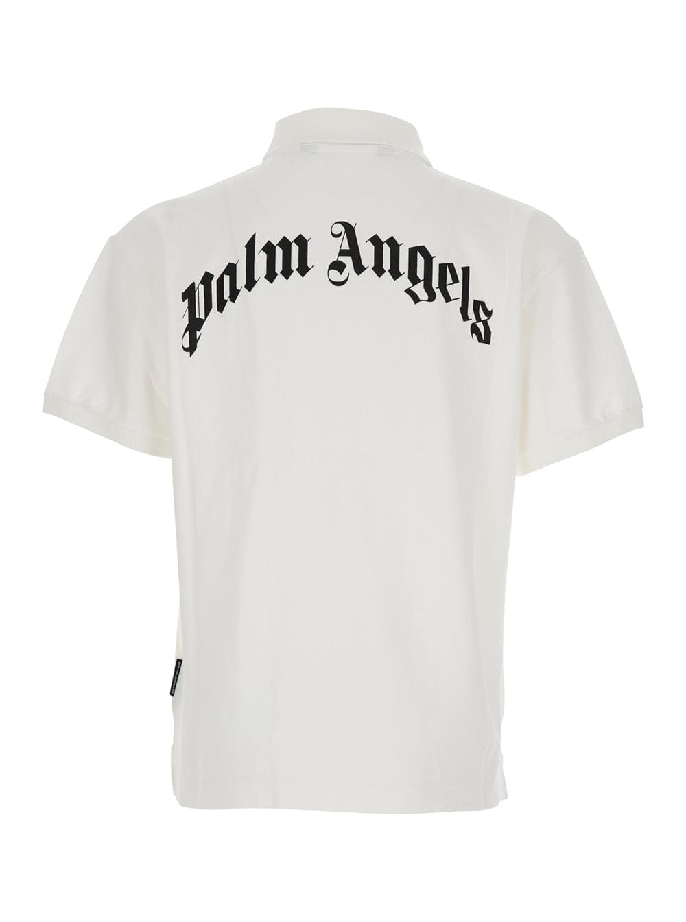 Palm Angels Men White Polo Shirt With Logo Lettering On Front And Rear In Cotton Piquet Man