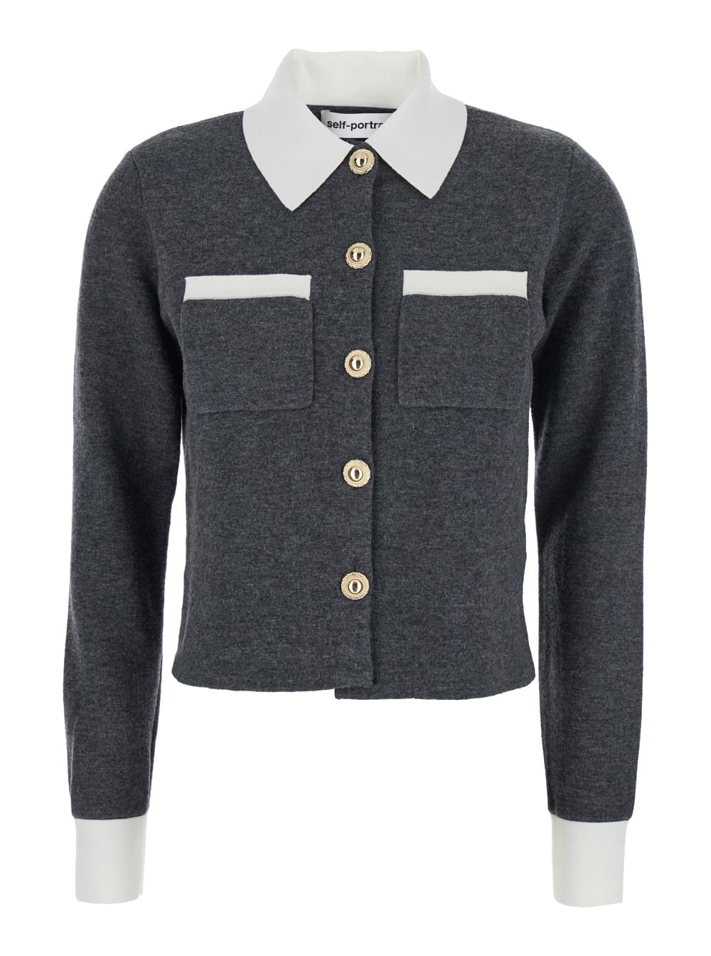 Self-Portrait Women Grey Cropped Cardigan With Contrasting Classic Collar And Two Front Patch Pockets In Wool Blend Woman