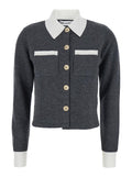 Self-Portrait Women Grey Cropped Cardigan With Contrasting Classic Collar And Two Front Patch Pockets In Wool Blend Woman