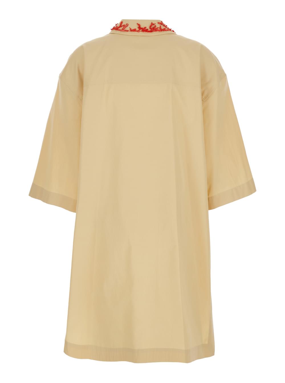 Fendi Women Beige Dress With Open Polo Shirt Style Collar And Embroidery On The Collar In Cotton Woman