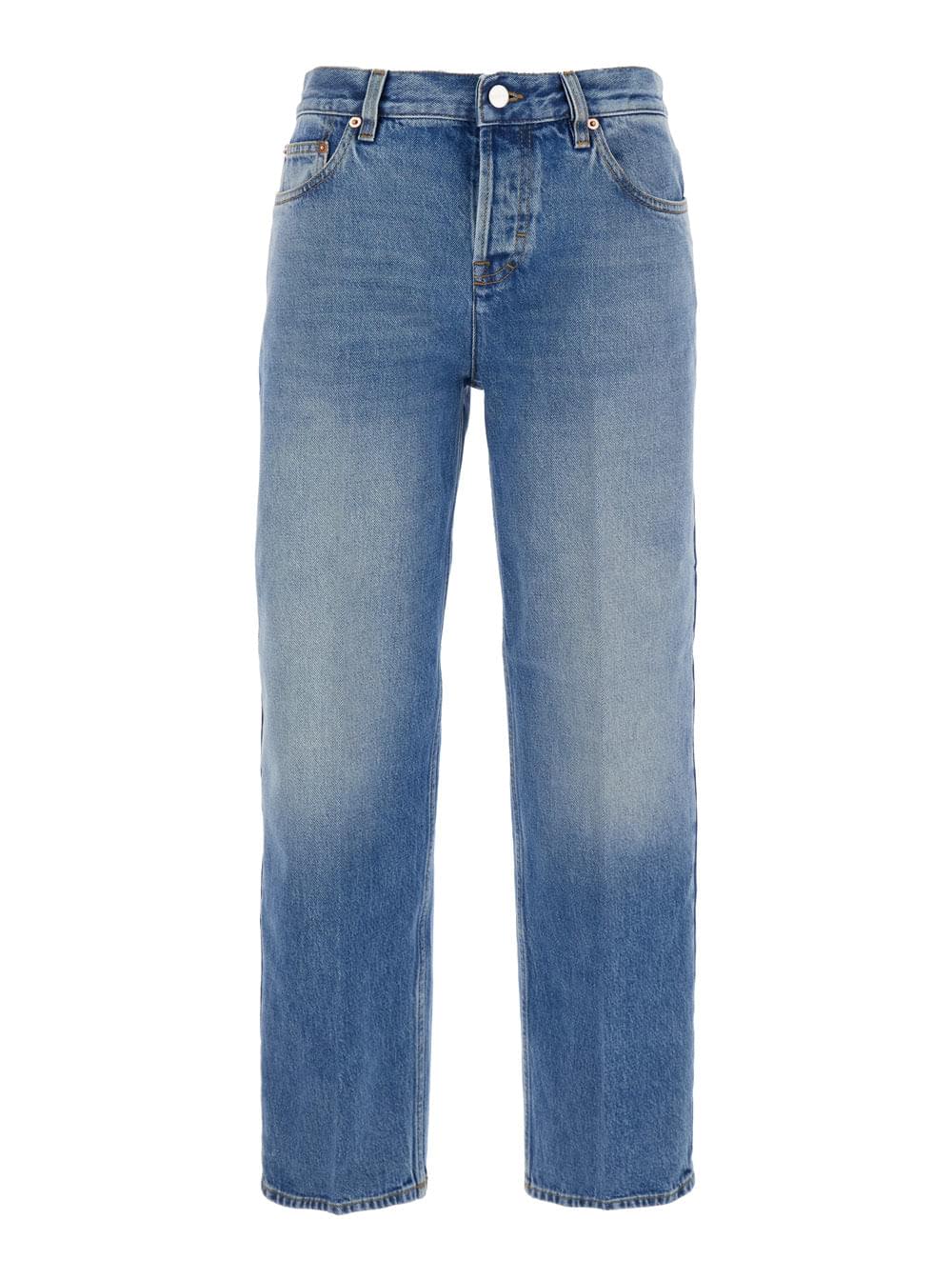 Gucci Women Blue Jeans With Logo Patch On The Rear And Faded Effect In Denim Woman