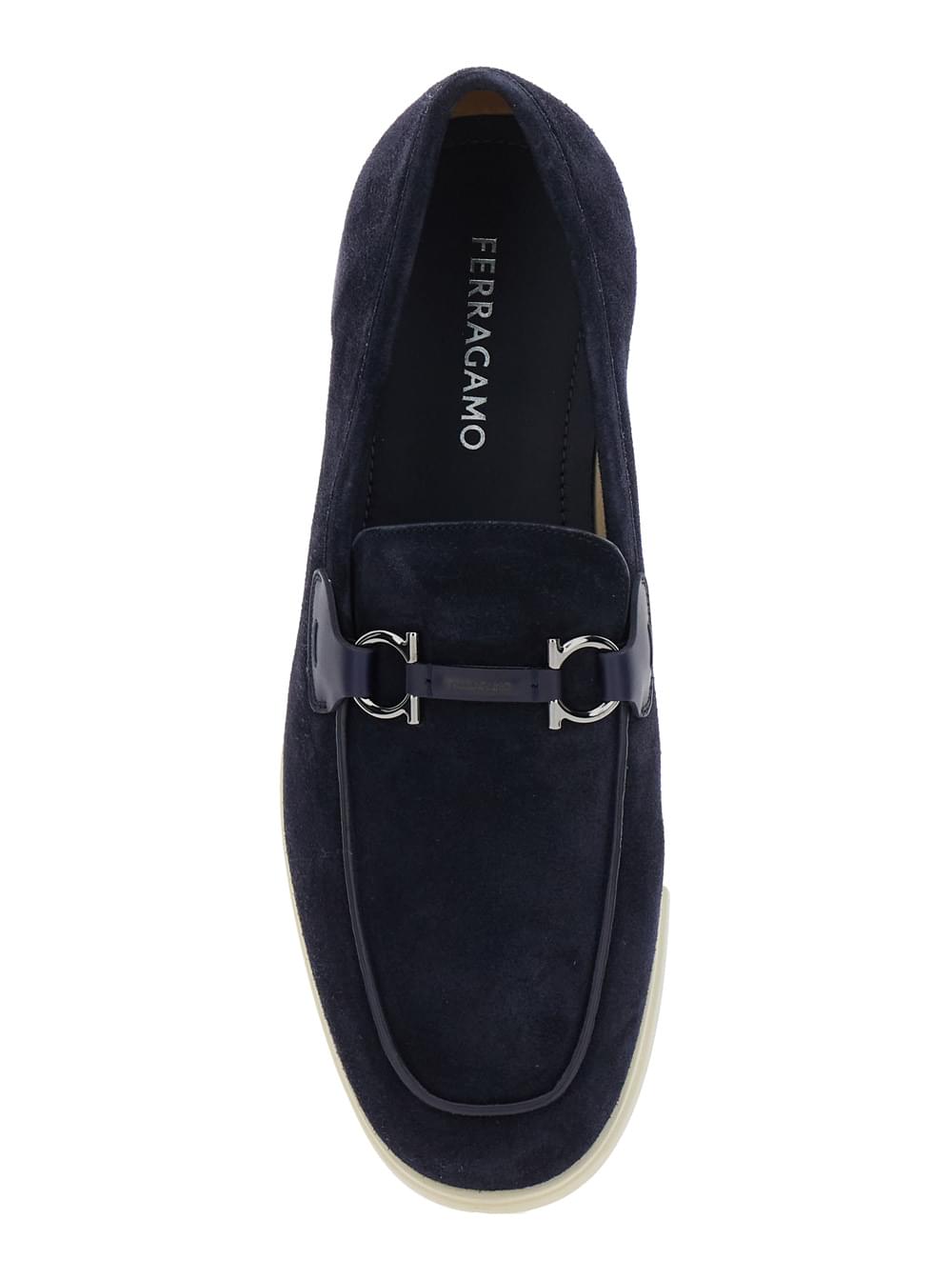 Ferragamo Men 'Cosimo' Blue Loafers With Metallic Hooks On The Front In Suede Man