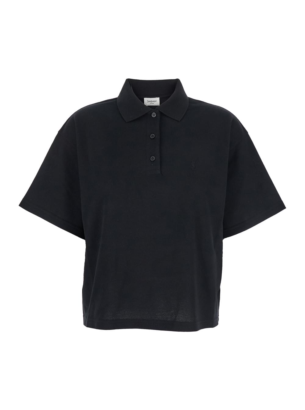 Saint Laurent Women Black Oversize Polo Shirt With Classic Collar And Tonal Logo Embroidery On The Front In Cotton Piquet Woman