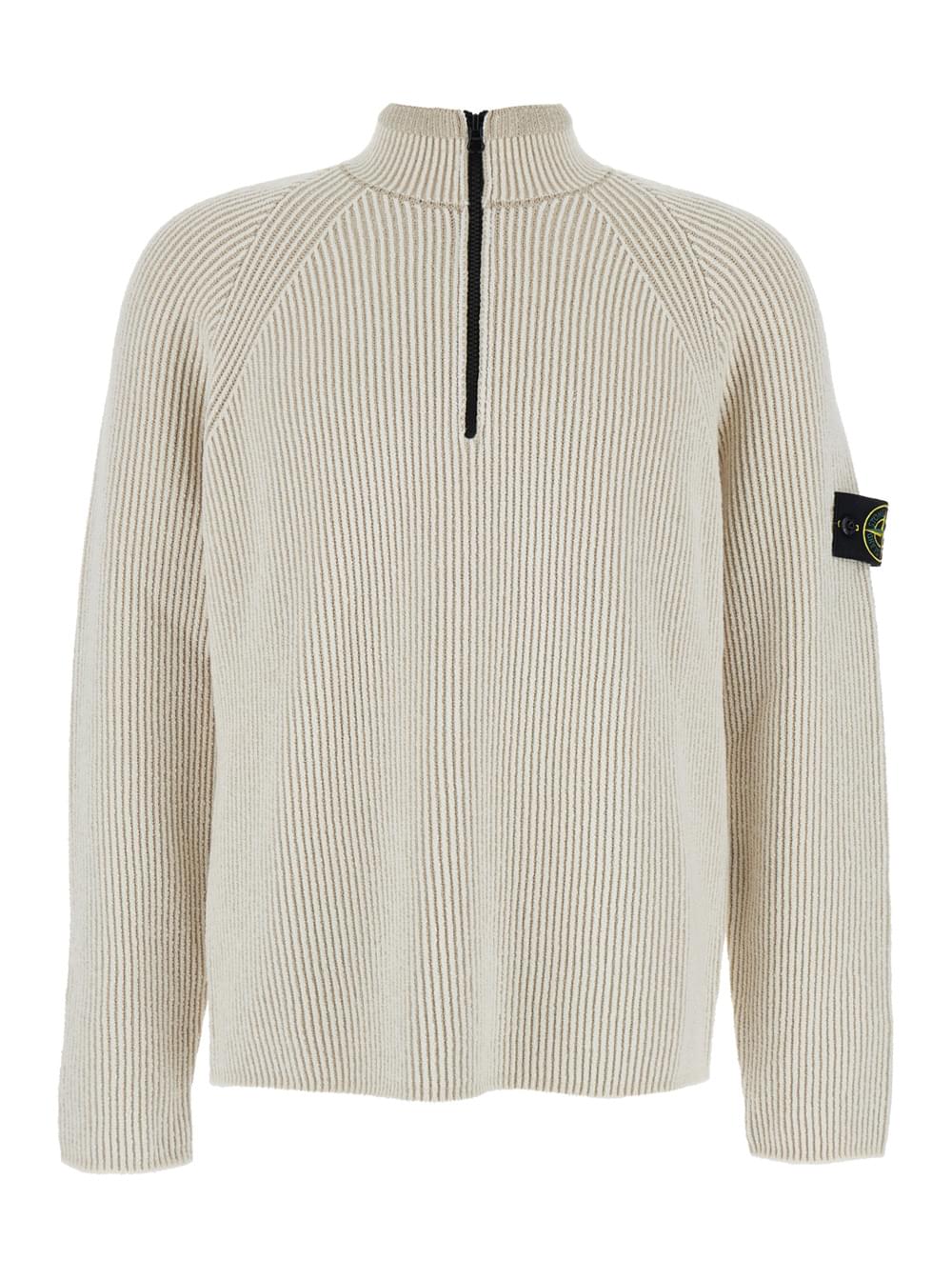 Stone Island Men White Sweater With Logo Patch On The Sleeve And Front Half Zip Closure In Wool Stretch Man