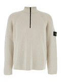 Stone Island Men White Sweater With Logo Patch On The Sleeve And Front Half Zip Closure In Wool Stretch Man