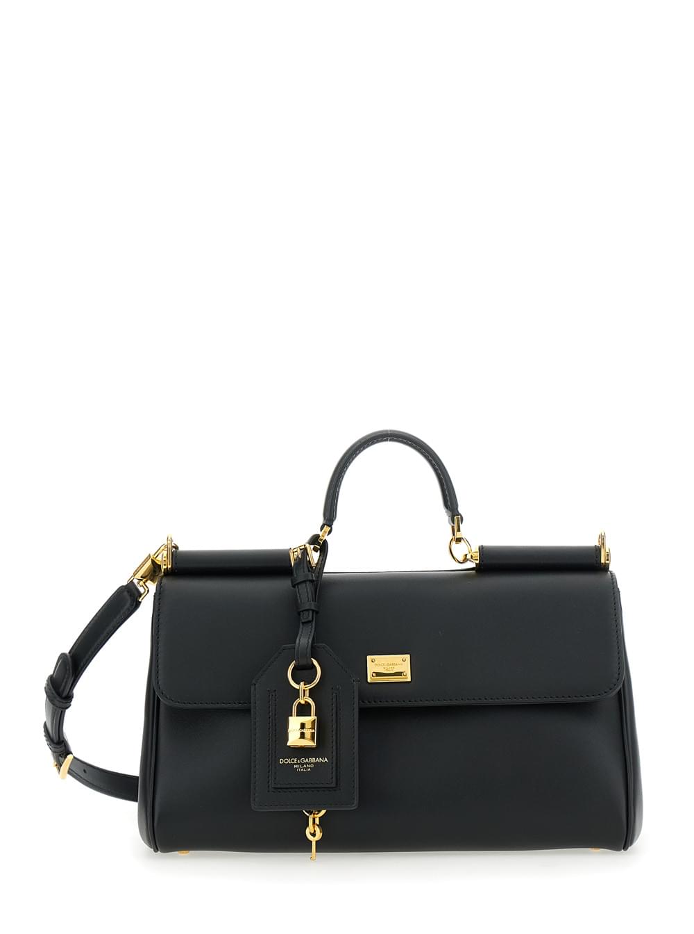 Dolce & Gabbana Women 'My Sicily' Black Medium Handbag With Lock Detail And Adjustable Removable Leather Shoulder Strap For Women