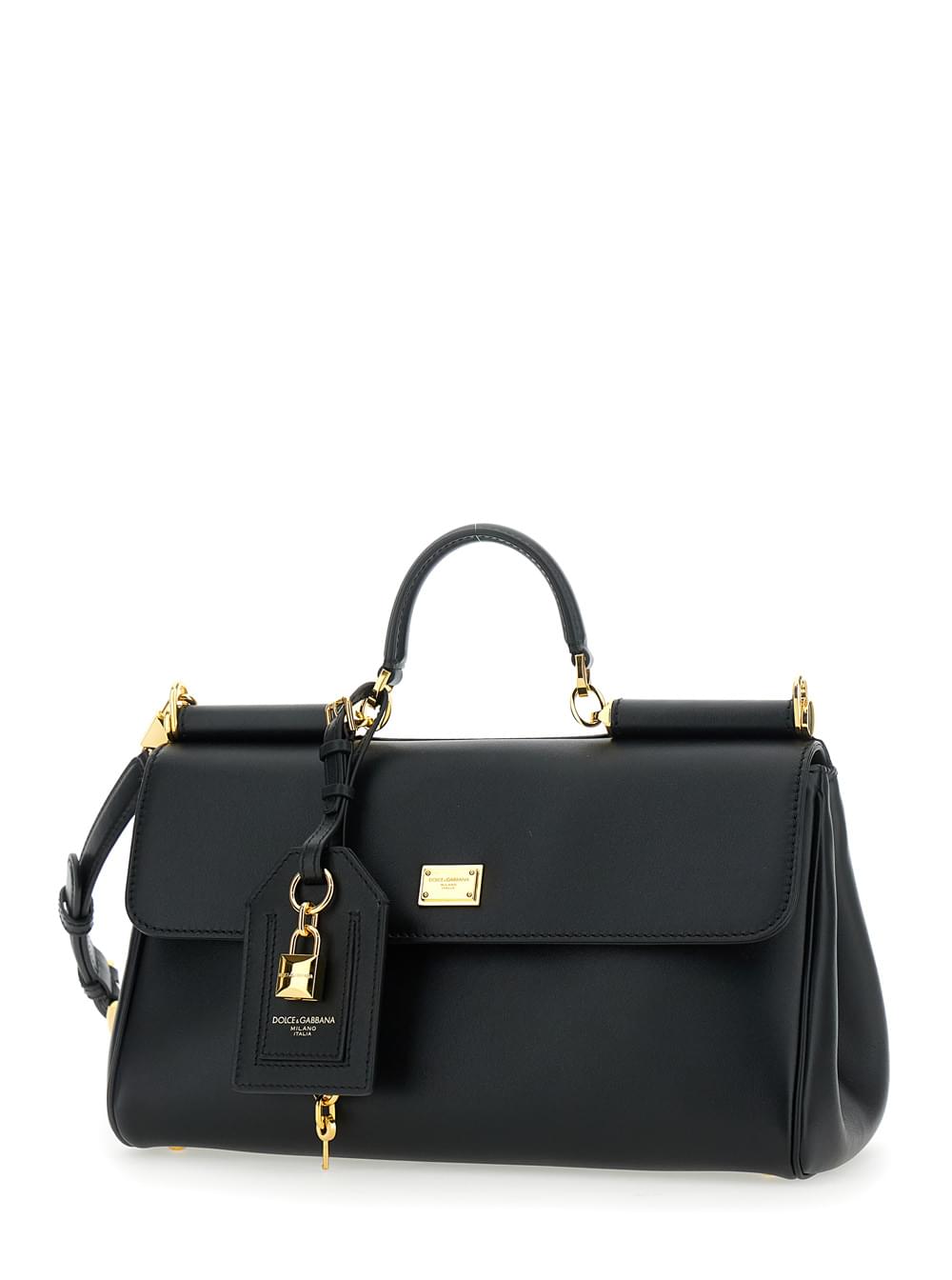 Dolce & Gabbana Women 'My Sicily' Black Medium Handbag With Lock Detail And Adjustable Removable Leather Shoulder Strap For Women